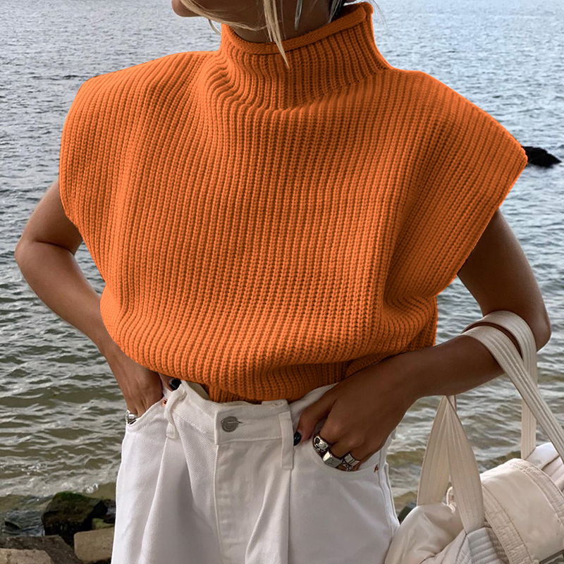Women's Solid Color Turtleneck Sweater With Short Sleeves Top Orange - Shop at LoveMi