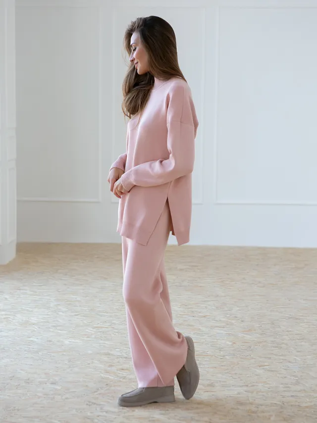 Women's Turtleneck Soft Fashion Casual Slit Sweater Suit Pink - Shop at LoveMi