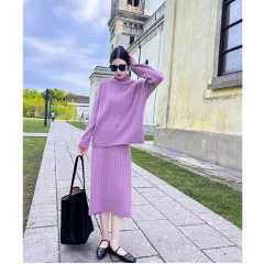 Autumn And Winter New Half Turtleneck Sunken Stripe Loose-fitting Women's Sweater Dress - Purple - View 1