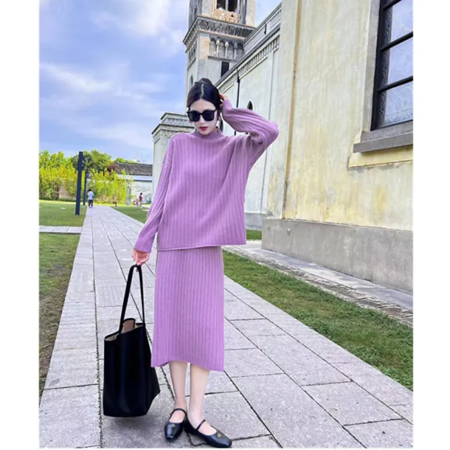 Autumn And Winter New Half Turtleneck Sunken Stripe Loose fitting Women's Sweater Dress Purple - Shop at LoveMi