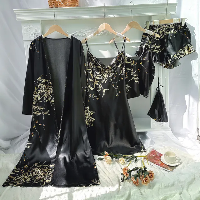 Thin Robe Suspender Shorts Slip Dress Set Black - Shop at LoveMi