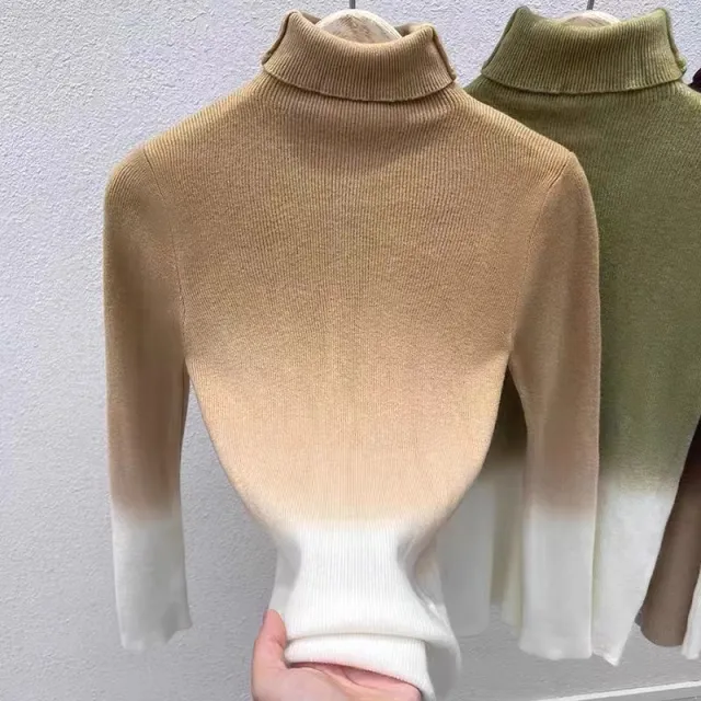 Gradient Color Turtleneck Wool Sweater Women's Bottoming Sweater French Top Khaki - Shop at LoveMi