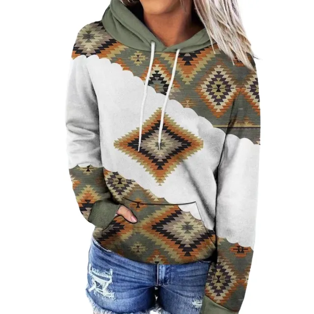 Women's Hooded Multicolor Printing Sports Pocket Drawstring 3D Retro Sweater Jhy243 - Shop at LoveMi