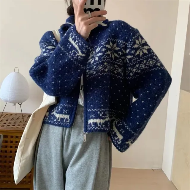 South Korea Retro Heavy Industry Snowflake Brocade Sweater Coat Blue - Shop at LoveMi