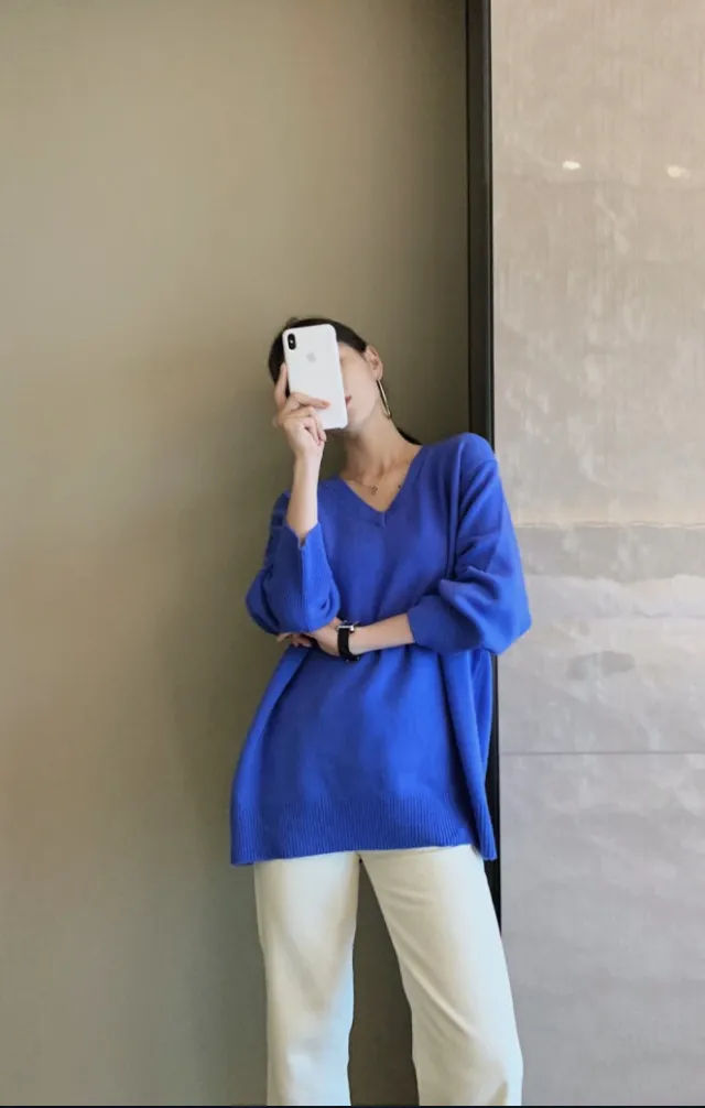 Idle Style V neck Women's Thick Mid length Sweater Royal Blue - Shop at LoveMi