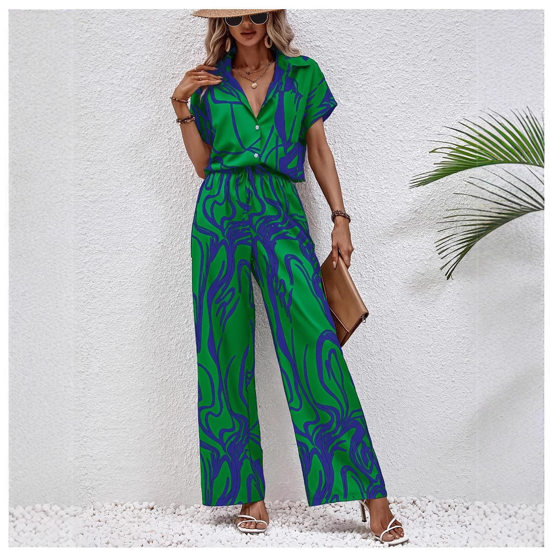 Womens Printed Short-Sleeve Shirt And Casual Pants Set