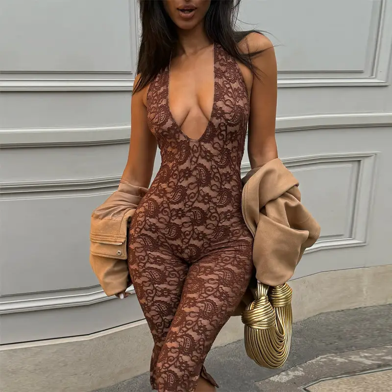 Lace Halter Backless Bodycon Jumpsuit