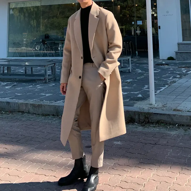 Mens Long Trench Wool Coat Casual Outerwear
