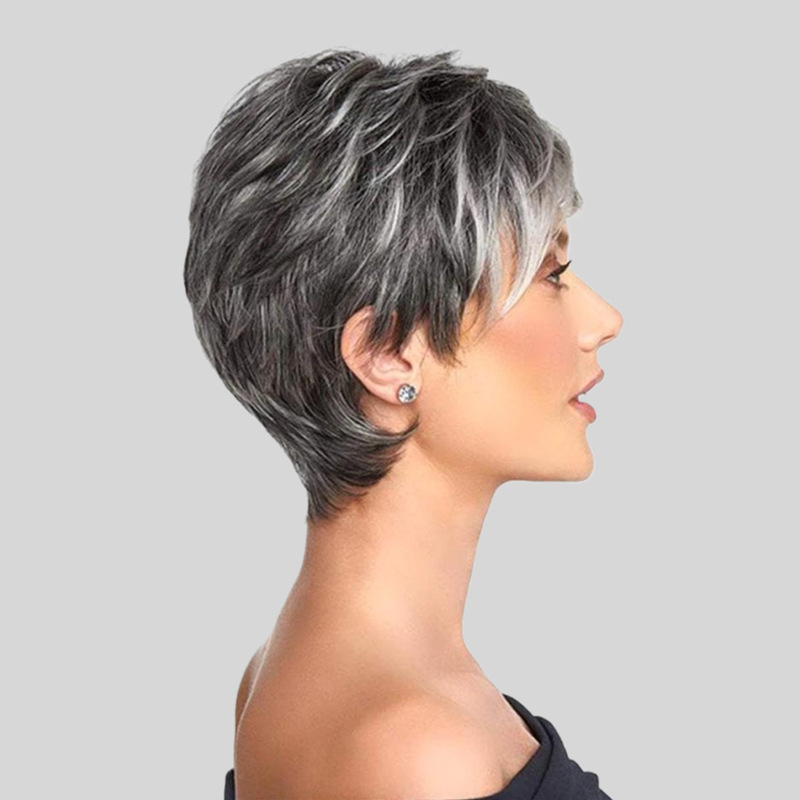 Fashionable Gradient Gray-White Women's Short Curly Wig With Side Part Made From High-Temperature Synthetic Hair 4