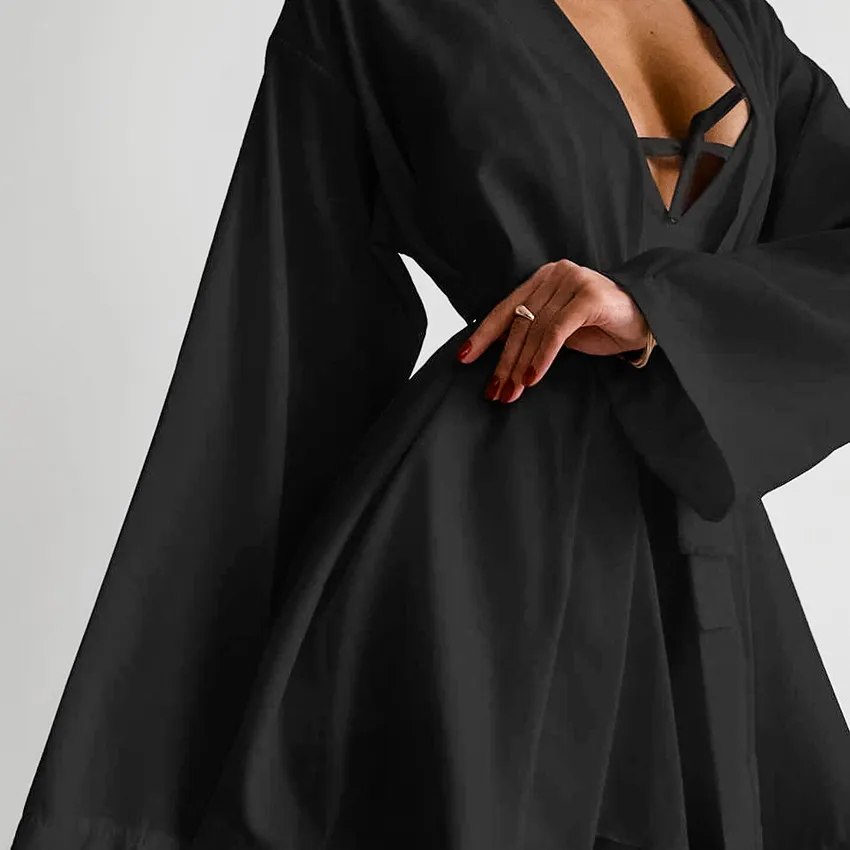 Chiffon Long-sleeved Sexy Underwear Slit Shorts Three-piece Pajamas - Black
