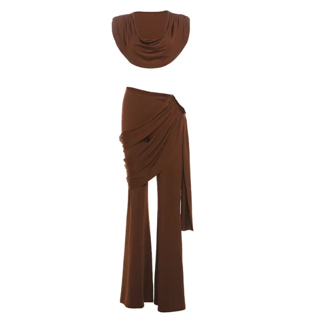 Summer New Women's Fashion Personality Slim Pleated V neck Short Crop Top Hip hugging Casual Suit Brown - Shop at LoveMi