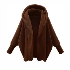 European And American Women's Clothing Solid Color Long Sleeve Hooded Loose Plush Coat - Brown - View 1
