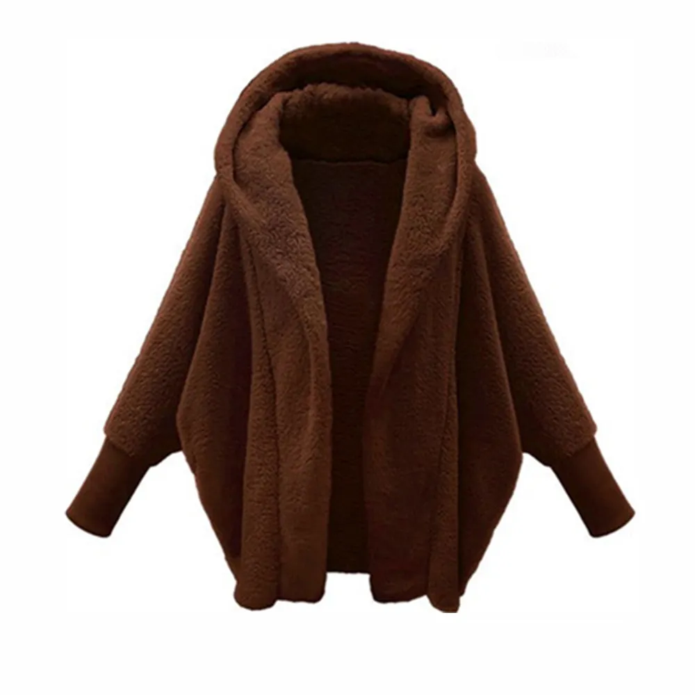 European And American Women's Clothing Solid Color Long Sleeve Hooded Loose Plush Coat - Brown