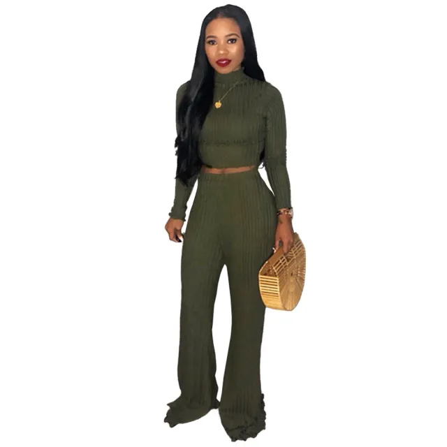 Midriff Outfit Wide Leg Pants High Collar Two piece Sweater Olive - Shop at LoveMi