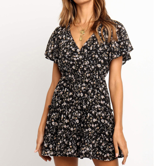Summer Floral V neck High Waist Lace up Short Sleeve Ruffled Chiffon Dress Black - Shop at LoveMi