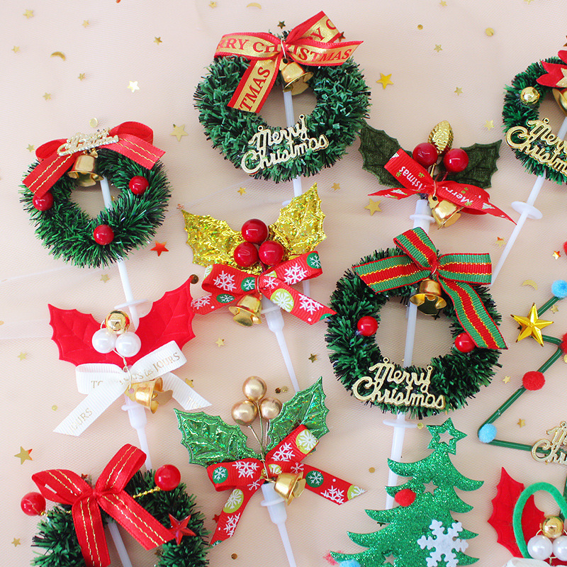 Christmas Cake Decoration Grass Ring Leaf Insert Christmas Dessert Table Decor Item