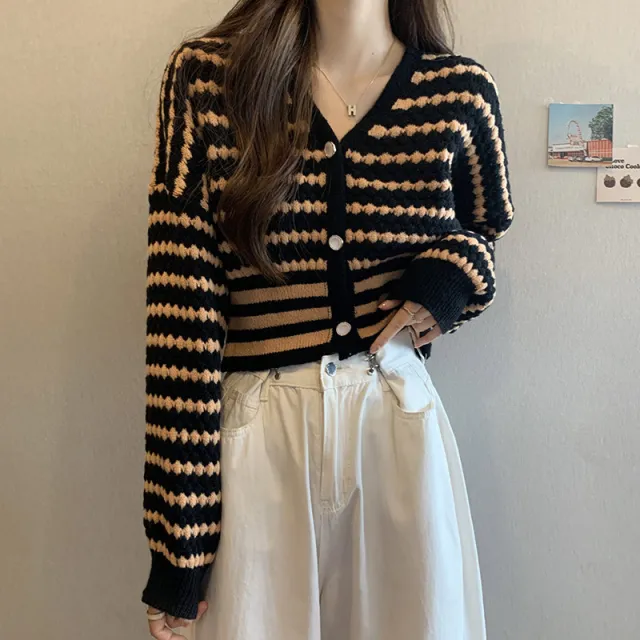 French Style Classic Style Cardigan Knitted Short Striped Sweater Coffee Color - Shop at LoveMi