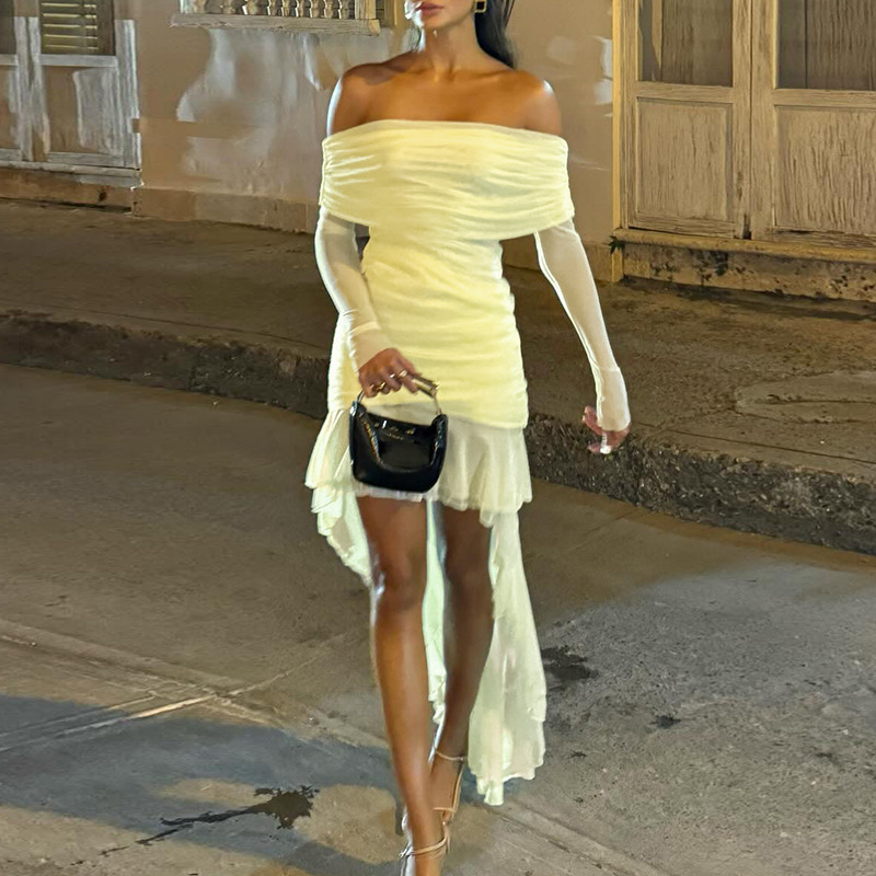 YL24442 Autumn 2024 New Short Skirt Socialite Style Elegant Sexy Slim Fit Ruffle Off-the-shoulder Dress Women