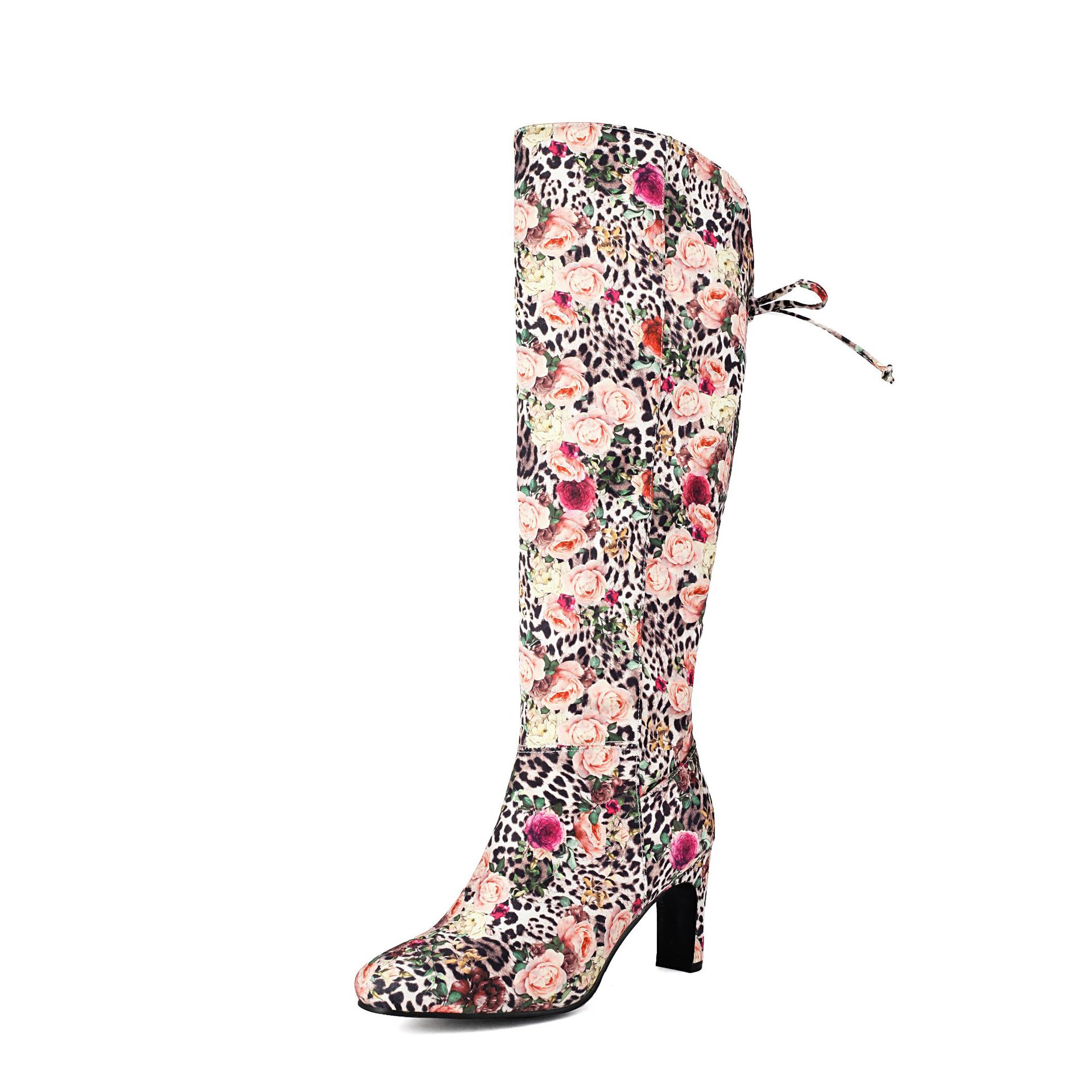 Womens Floral Patchwork Bowknot Chunky Heel Over-the-Knee Boots