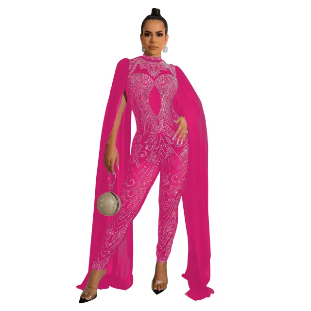 Autumn And Winter New Women's Sexy Mesh Rhinestone See through Nightclub Jumpsuit Rose Red - Shop at LoveMi