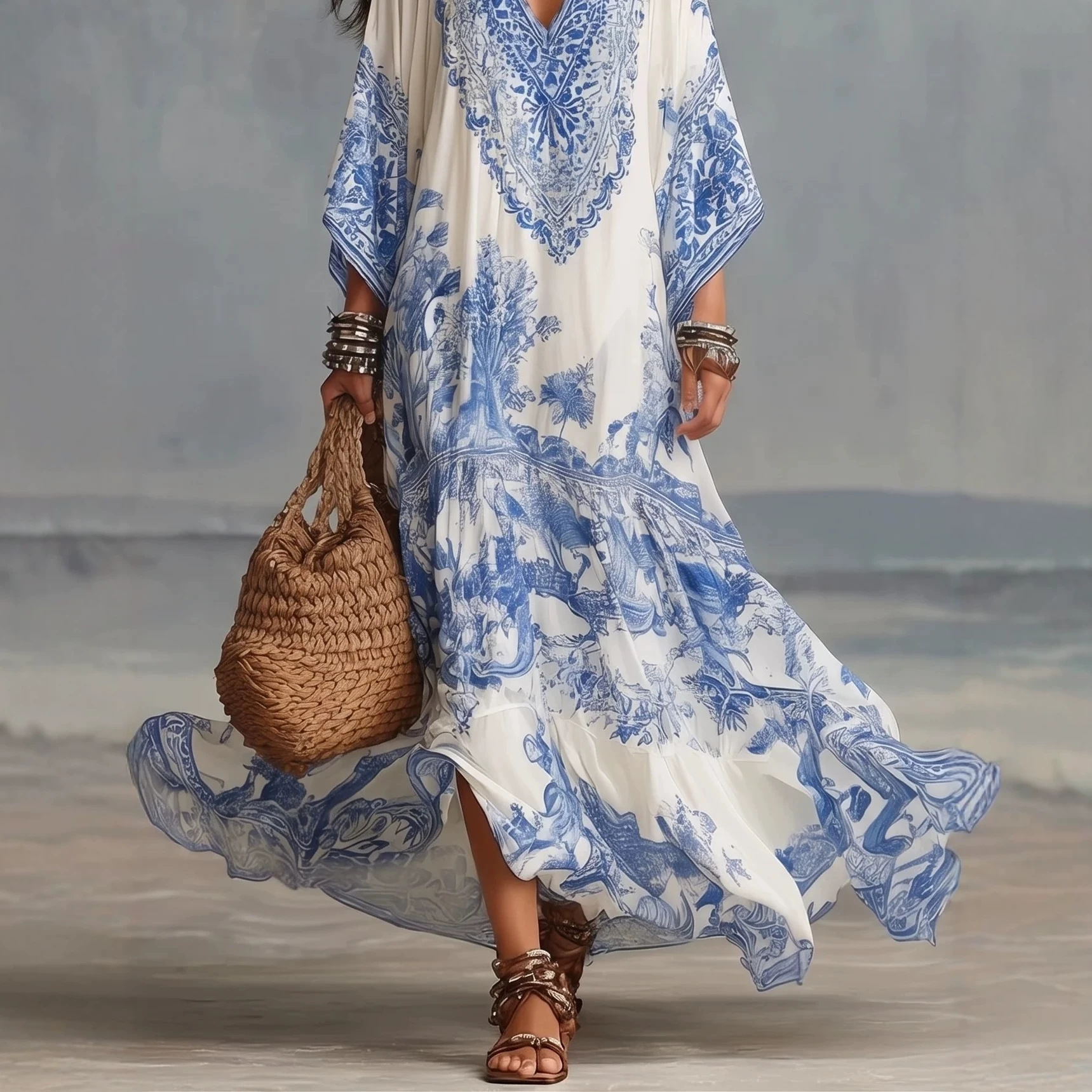 Printed V Neck Batwing Sleeve Bohemian Maxi Dress
