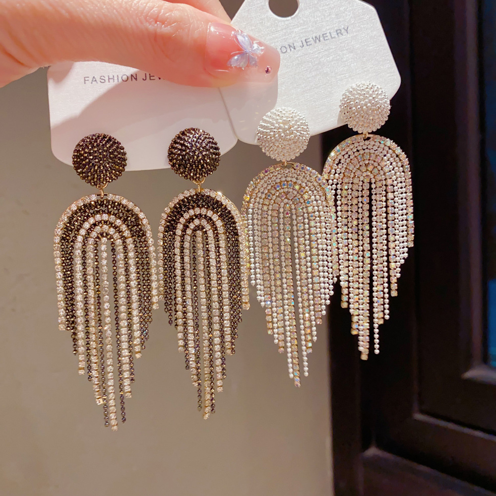 Bold Exaggerated Round Tassel Earrings Studded With Zircons