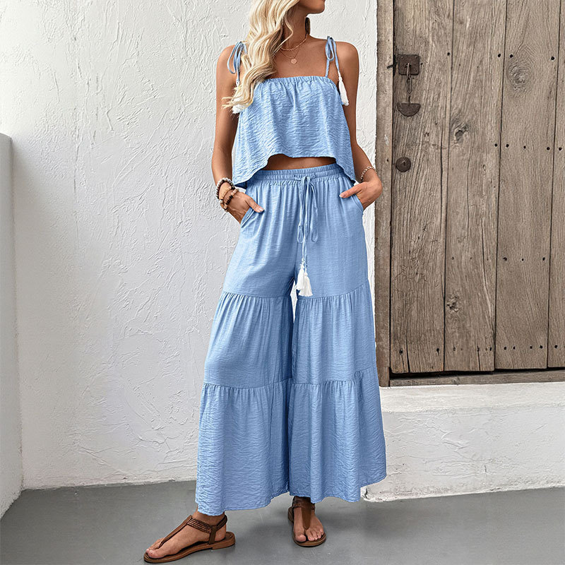 Strappy Top And Wide-leg Pants Textured Resort Set