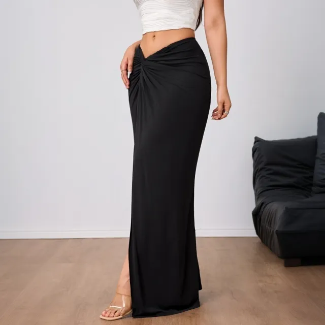 Women's High end Elegant Skirt, Autumn And Winter New High waist Slit Midi Skirt Black - Shop at LoveMi
