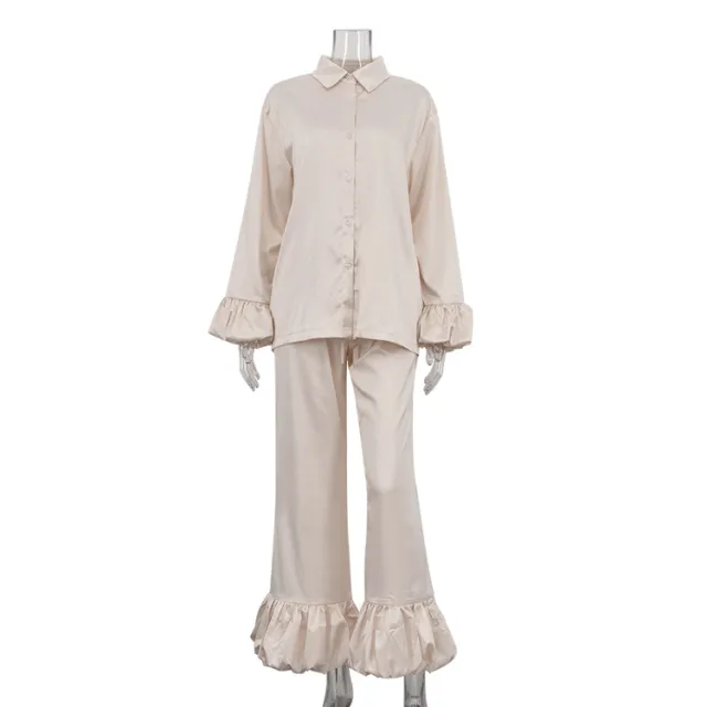 Stitching Design Sense Bell Sleeve Polo Collar Top Loose Trousers Two piece Set Beige - Shop at LoveMi
