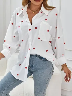 Outside Women's Casual Printed Love Loose Shirt - Red - View 1
