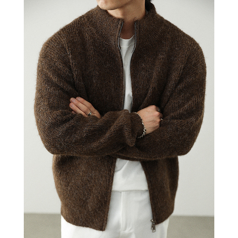 Men's Mid-Neck Solid Color Long-Sleeve Thermal Jacket With Double-Zipper