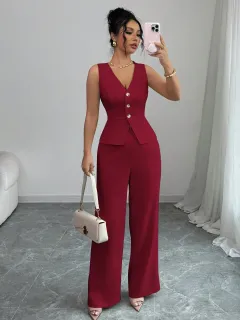 Solid Colour Sleeveless Slim Fit Vest High Waist Trousers Two-piece Set - Red - View 1