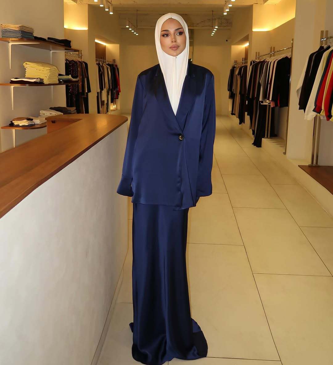 Solid Color Middle East Alala Satin Suit Dress Two piece Set Dark Blue - Shop at LoveMi