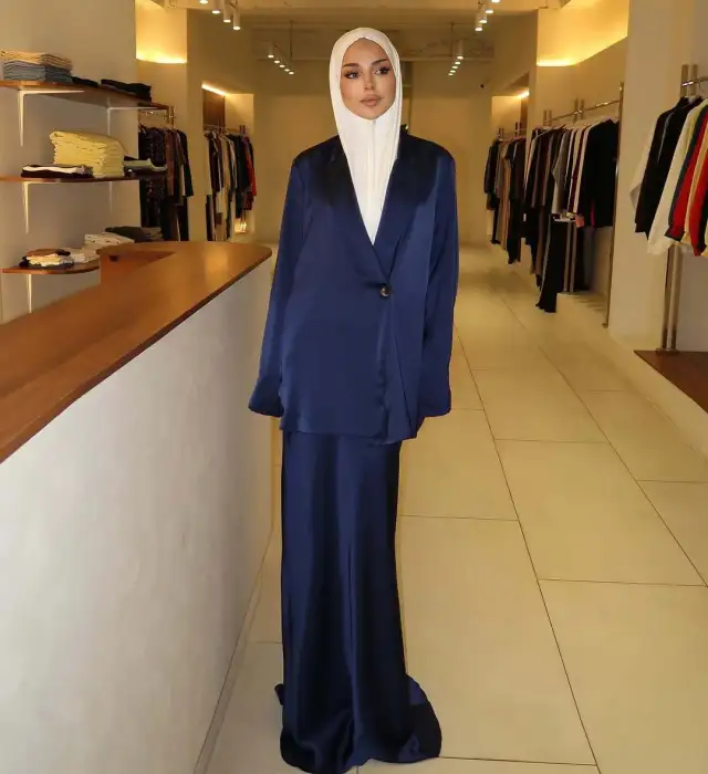 Solid Color Middle East Alala Satin Suit Dress Two piece Set Blue - Shop at LoveMi