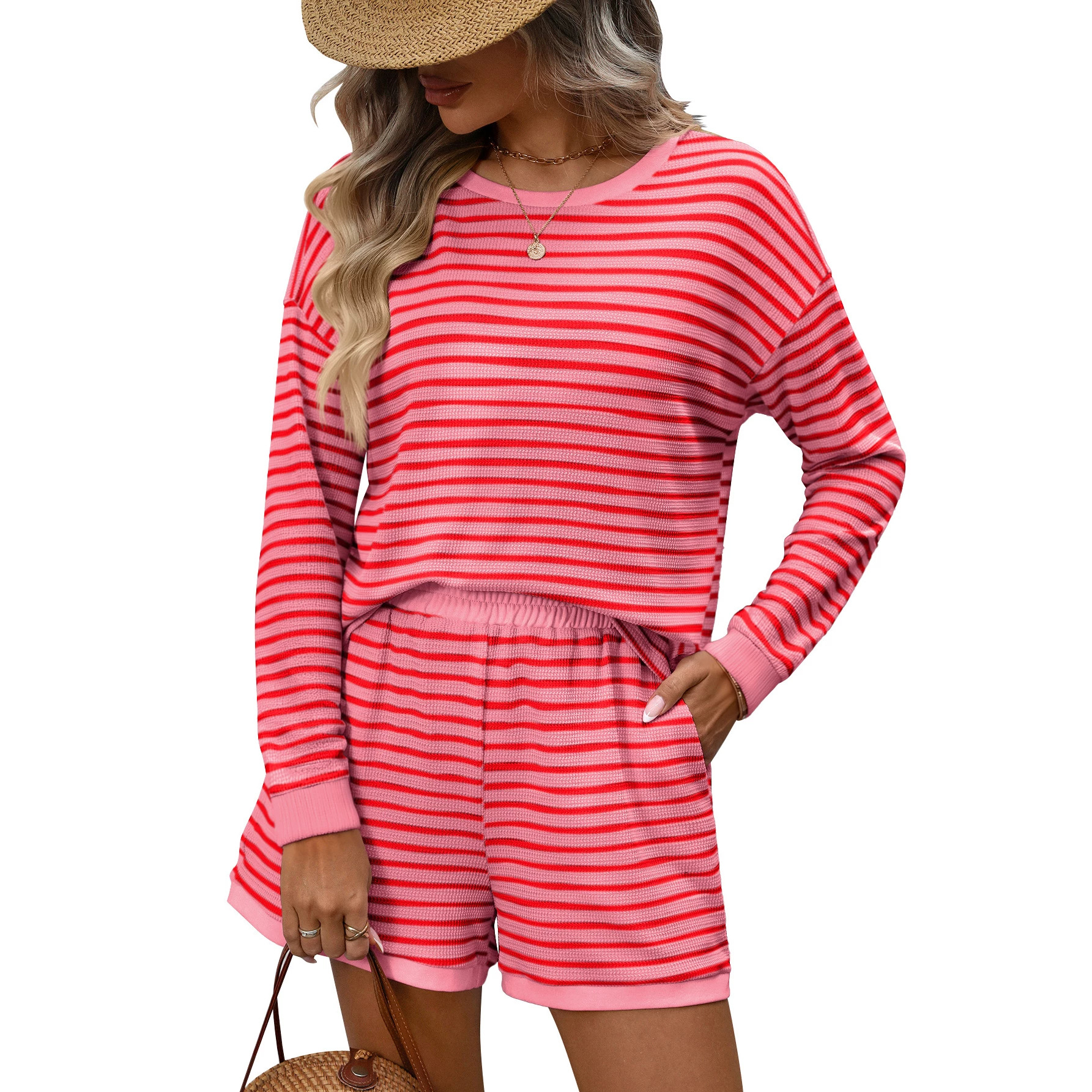 Womens Crew-neck Spliced Long-sleeve Shorts Two-piece Set 3