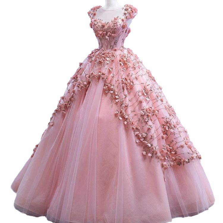 3D Floral Design Sleeveless Flared Hem Luxurious And Slimming Evening Dress