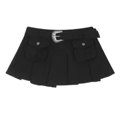 Women's Retro Multi-pocket Workwear Denim Skirt - Black - View 1