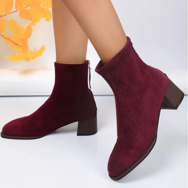 Round Head Chunky Heel New High Heel Boots Women Wine - Shop at LoveMi