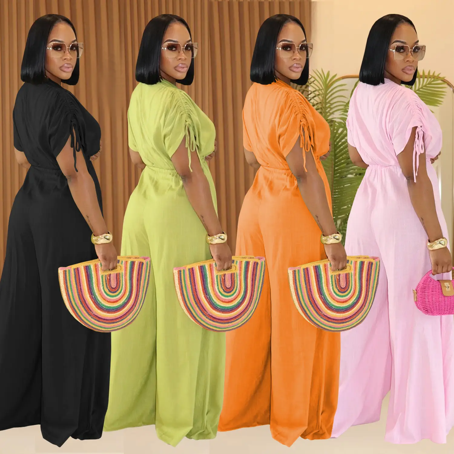 Women's Casual V-neck Lace-up Wide-leg Jumpsuit