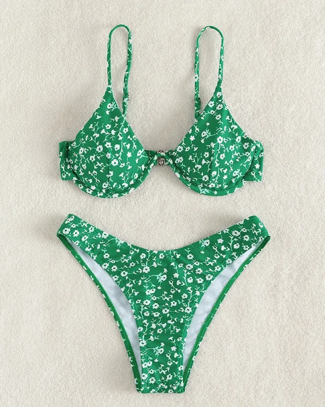 Double shoulder Floral Steel Bracket Backless High Waist Triangle Swimsuit Green - Shop at LoveMi