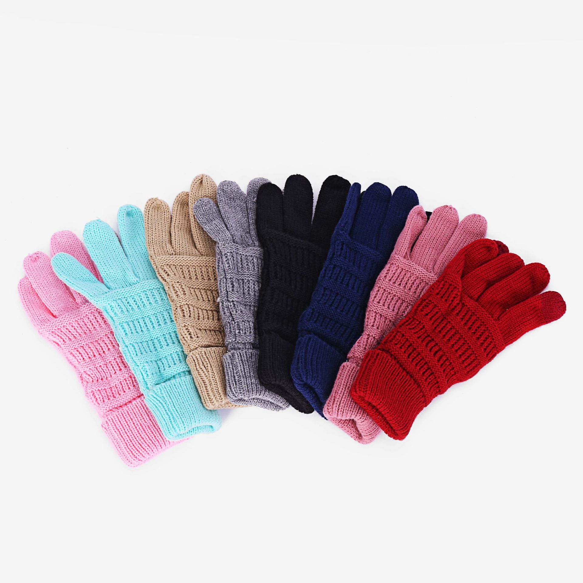 A fan-shaped display showcases a row of European and American Wool Knitted Turn-over Labeling Touch Screen Gloves, available in vibrant shades of pink, blue, beige, gray, black, navy, and red against a white background.