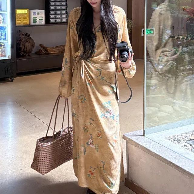New Floral Print Spring And Summer Wrap Dress Golden Absorption - Shop at LoveMi