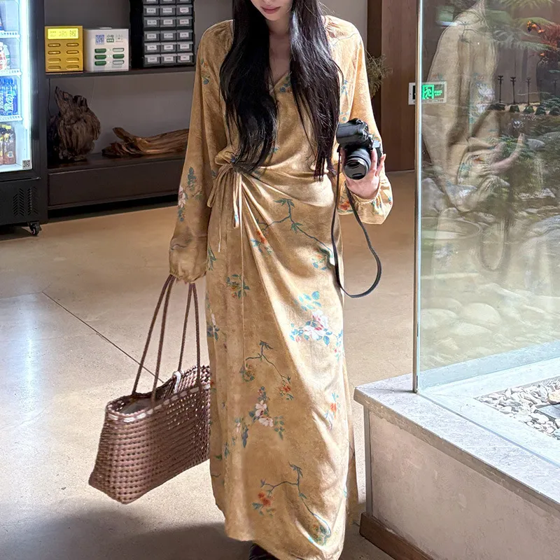 New Floral Print Spring And Summer Wrap Dress - Golden Absorption