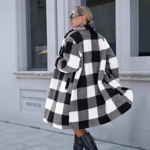 Women's Lapel Long Sleeve Non-buckle Plaid Coat