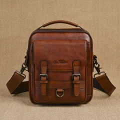 Genuine Leather Retro Hand-rubbed Top-grain Cowhide Men's Shoulder Bag Crossbody Commuter Bag - Brown - View 1