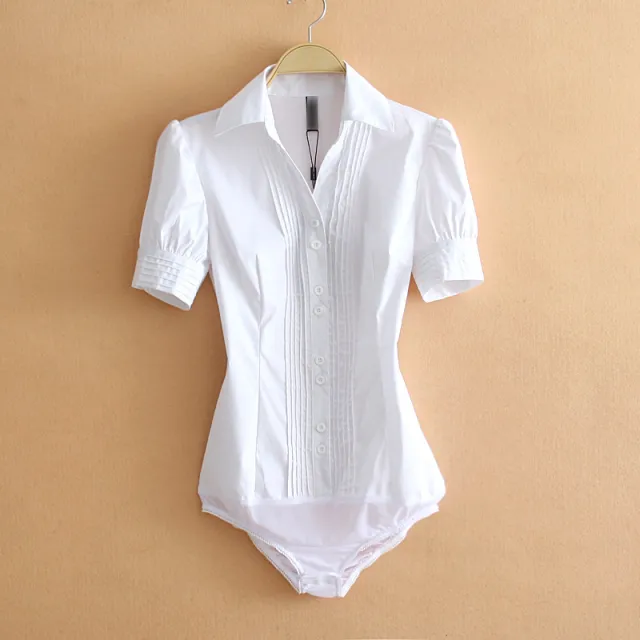 Women's Business Commute Professional One piece Cotton Shirt Short Sleeve White One Piece - Shop at LoveMi