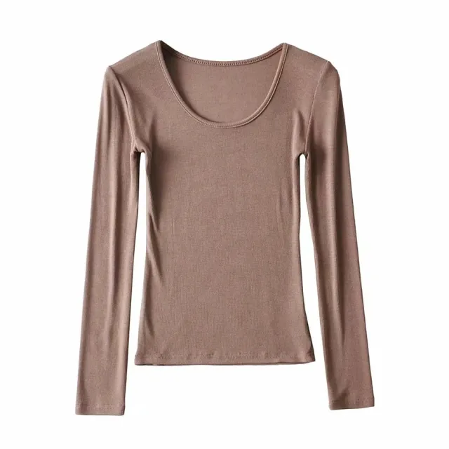 Round Neck Stretch Slim Fit Long sleeved T shirt Women Dark Khaki - Shop at LoveMi