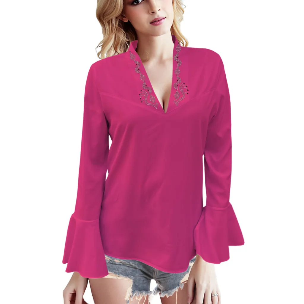 European And American Low Cut Rhinestone High Collar Solid Color Lotus Leaf Long Sleeve Shirt - Rose Red With Diamond