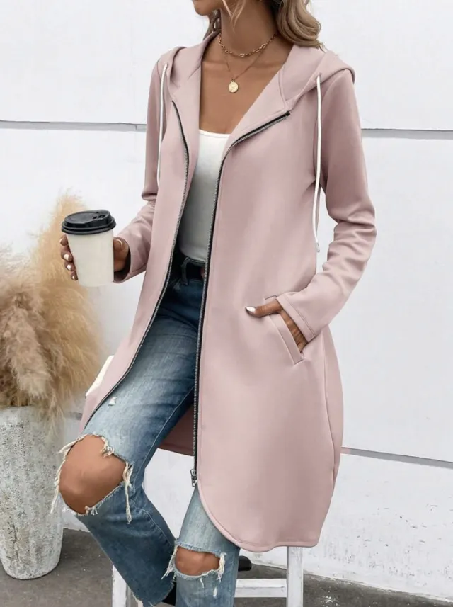Personality Street Zip Hooded Long Velvet Lining Sweatshirt Lotus Root Color S - Shop at LoveMi