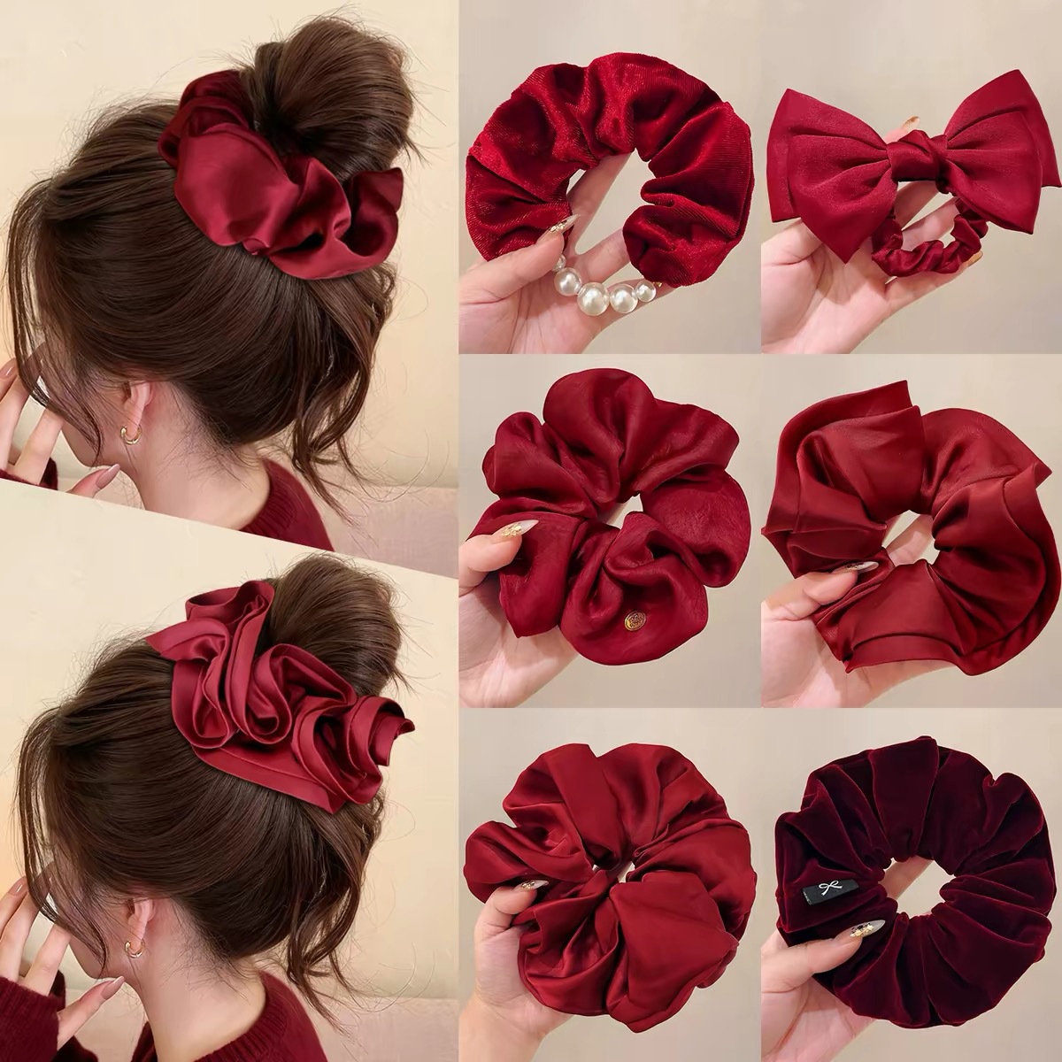 New Year Red Satin Oversized Hair Tie For Women